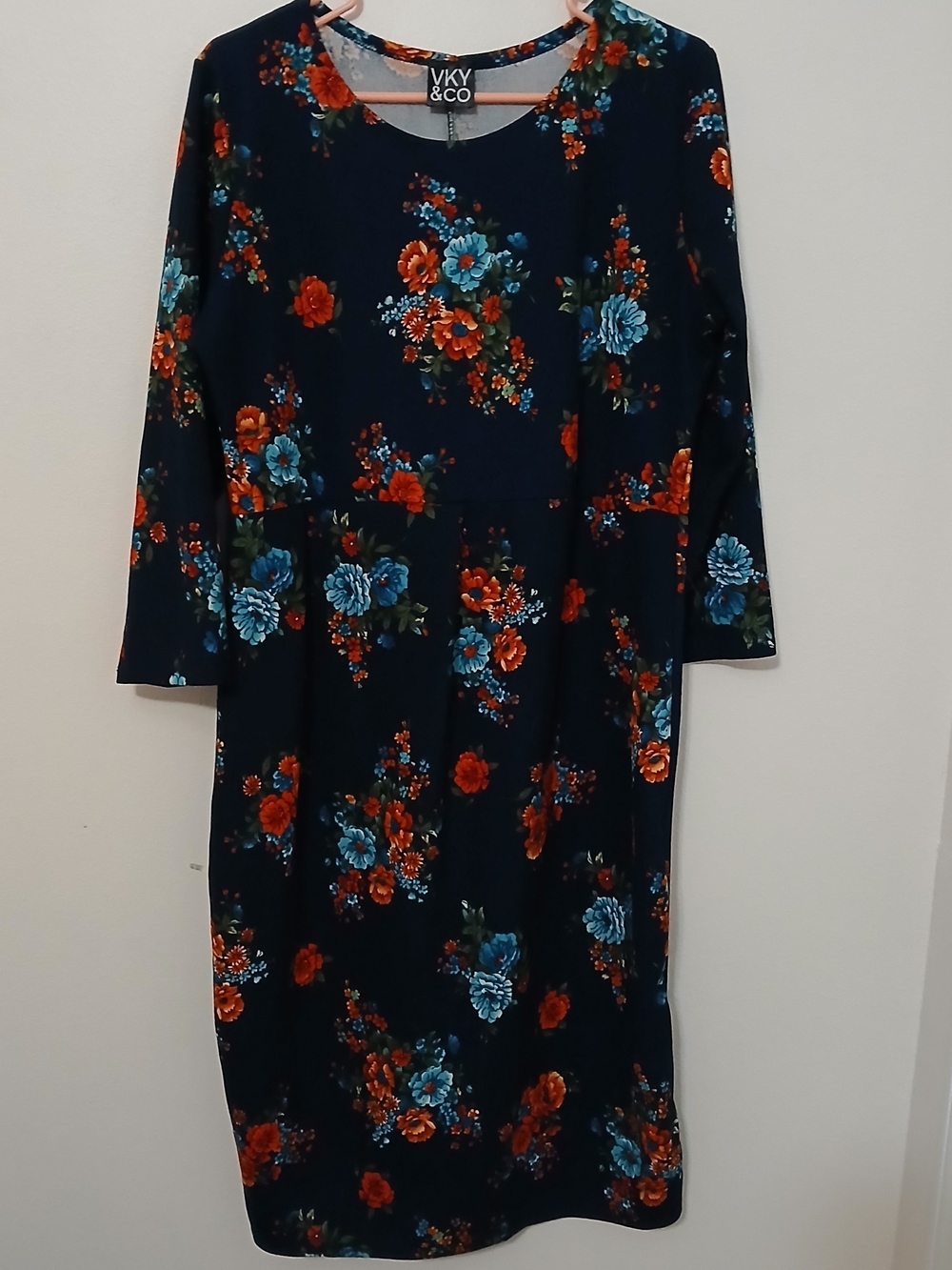 Navy Floral Long-Sleeve Midi Dress